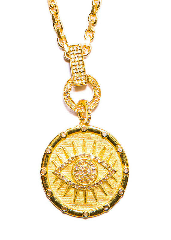 Gold Vermeil Over Sterling & Diamond Evil Eye Pendant w/Chain, Diamond Clasp & Bale #9445-Necklaces-Gretchen Ventura