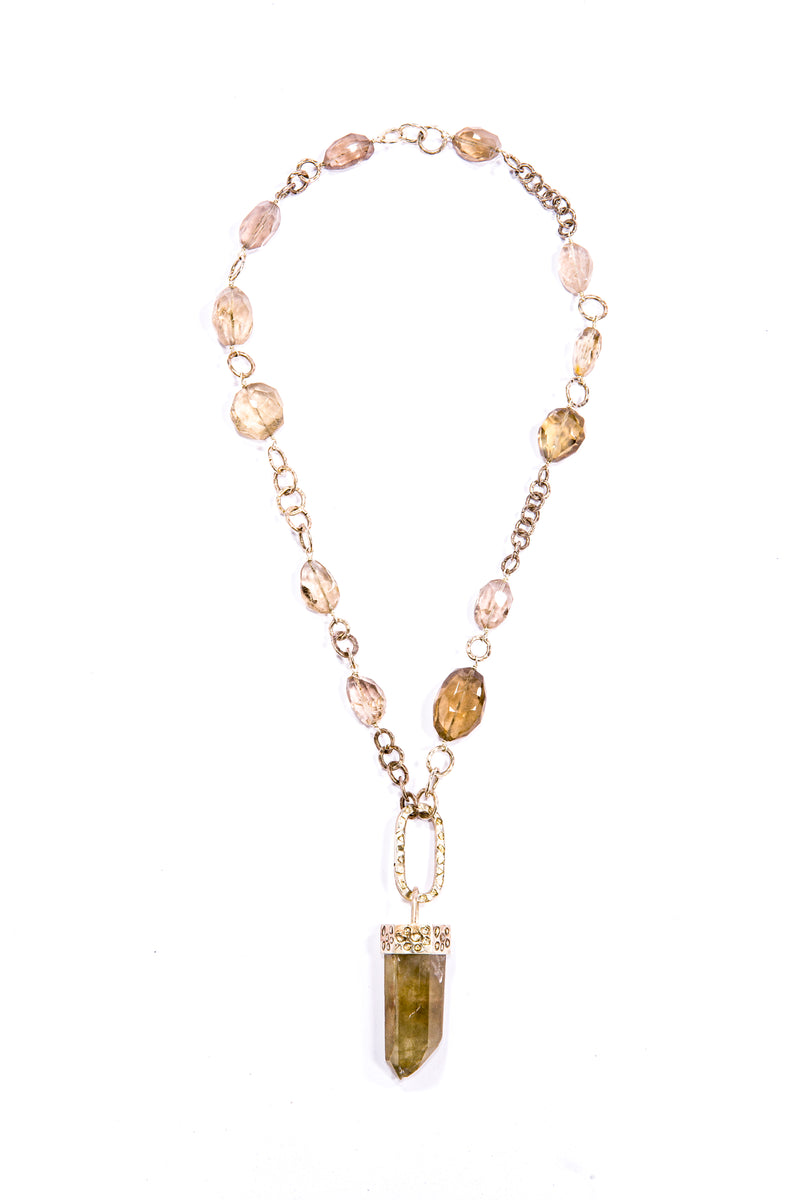 Smoky Quartz Crystal capped in Raw Diamond & Sterling, Clasp & Faceted Smoky Quartz & Hand Hammered Sterling Silver Links (26"+4.5") #9477-Necklaces-Gretchen Ventura