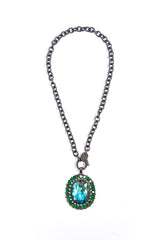 Emerald, Labradorite (55.4c), Diamond (.65c) Pendant in Sterling (16.22g)on Rhodium Plate Sterling (48.53g) Link Chain & Diamond (1.07c) Lobster Claw Clasp (18"+2.25") #9490-Necklaces-Gretchen Ventura
