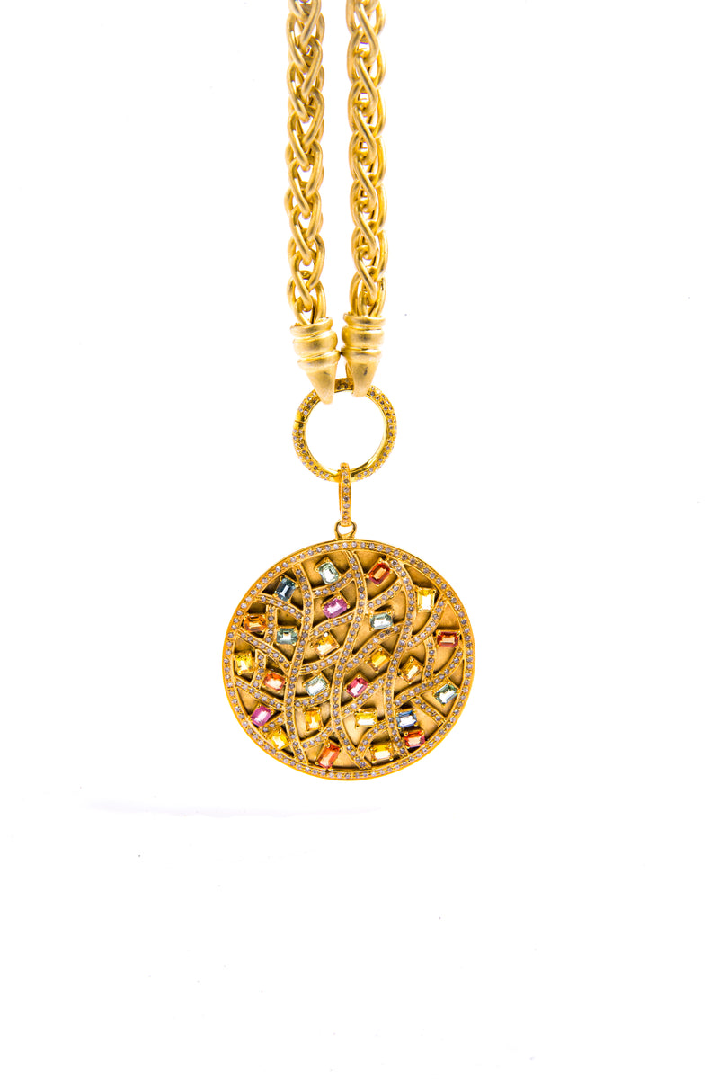 Multi Color Sapphire & Diamond on GP over Sterling Round Pendant on GP over Sterling Wheat Chain W/ Diamond Clasp (18"+2.5")-Necklaces-Gretchen Ventura