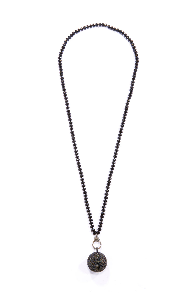 Black Spinel Ball on Diamond Cut Faceted Black Spinel w/ Diamond Lobster Clasp #9497-Necklaces-Gretchen Ventura