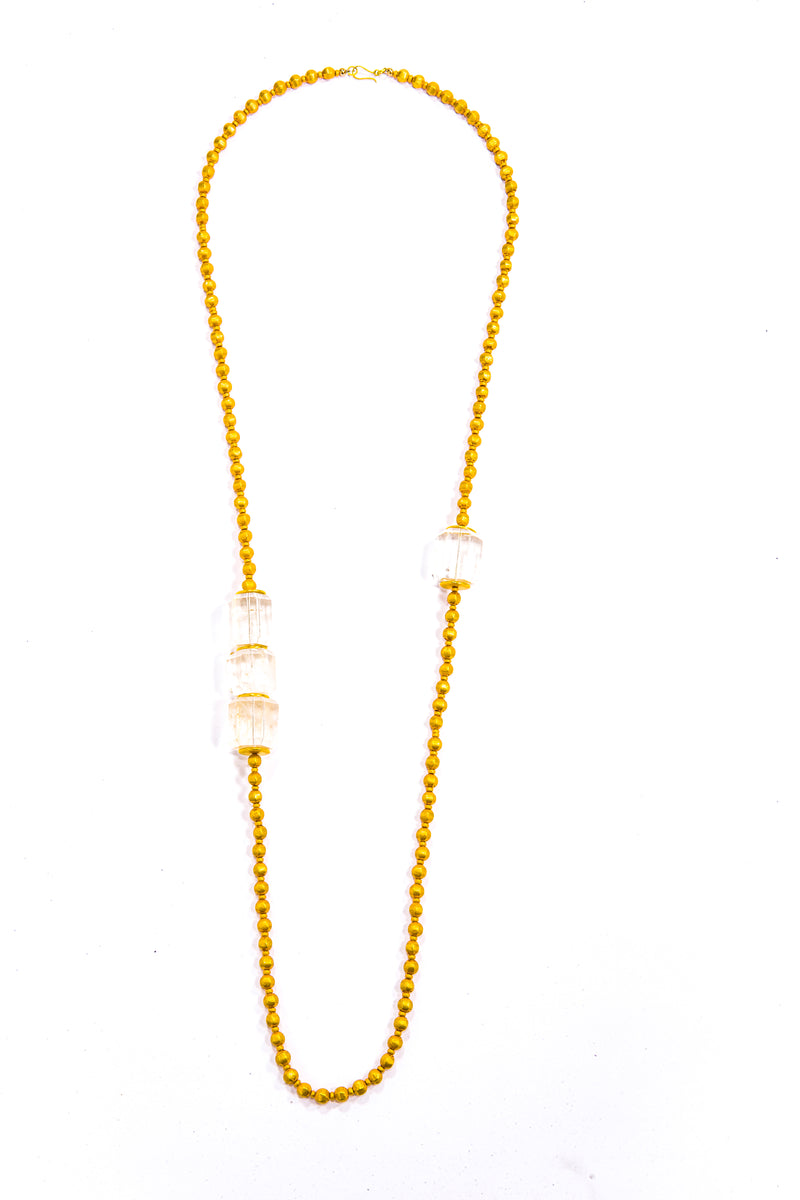20K Gold over Wax & Solid 18K Gold Beads w/ Hand Carved Quartz Crystals & 20K Gold Discs & Clasp (44") #9508-Necklaces-Gretchen Ventura