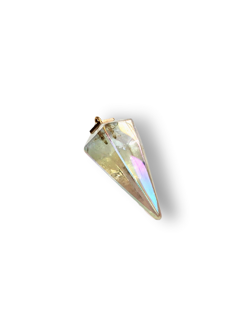 Aura Quartz Crystal W/ Diamonds (.29 C) Cap in 14K Gold (12.74g) Pendulum Used For Divination (2" x 1") #9527-Neck Pendant-Gretchen Ventura