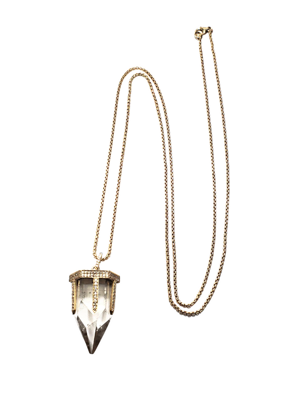 Quartz Crystal W/ Waterfall Diamonds (.71 C) in 14K Gold (17.6g) Pendulum Used For Divination (1.8" x .75") #9526-Neck Pendant-Gretchen Ventura