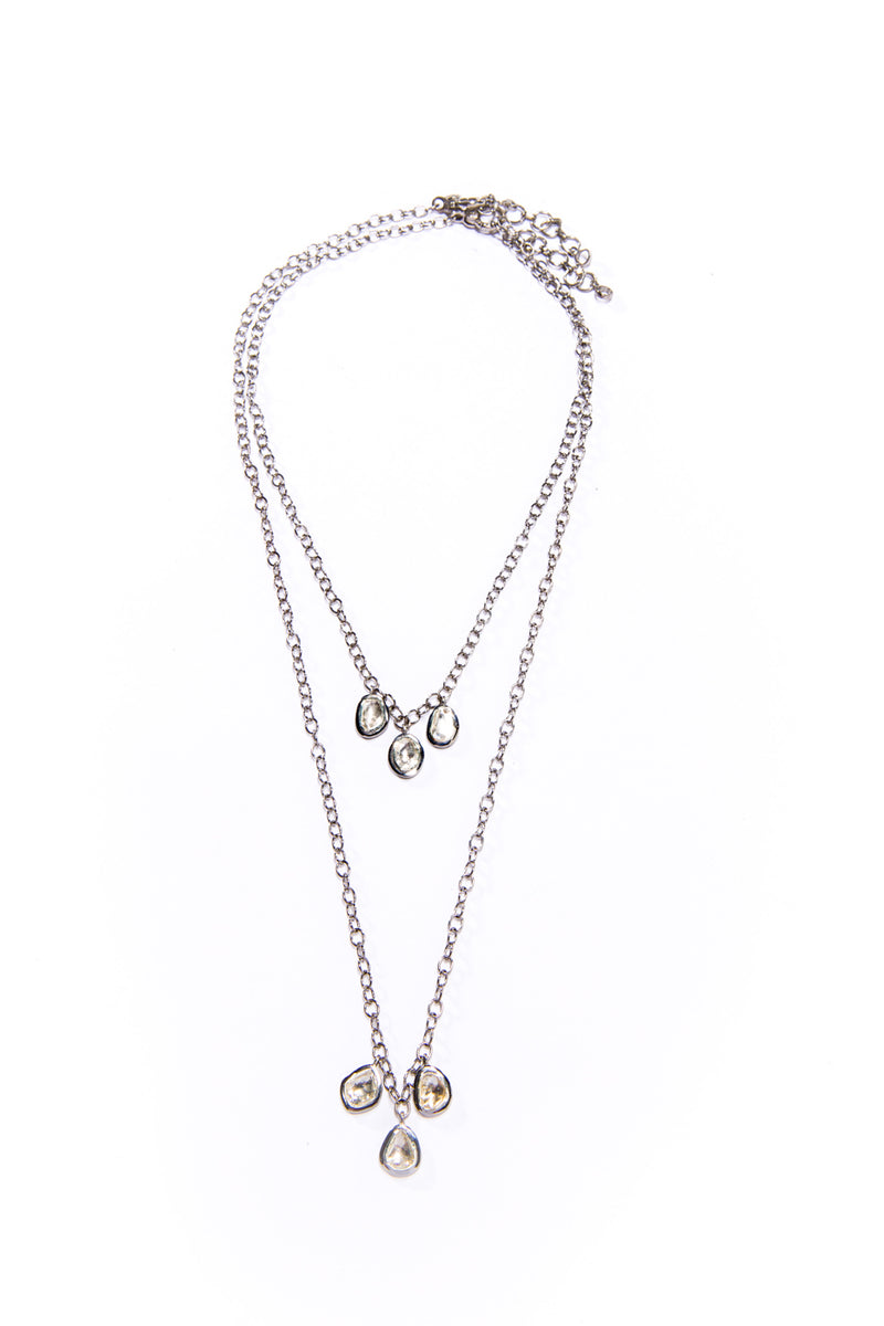 Oxidized Silver Triple Rose Cut Drop On Link Chain W/ Diamond Clasp Necklace (16"-18") #9548-Necklaces-Gretchen Ventura