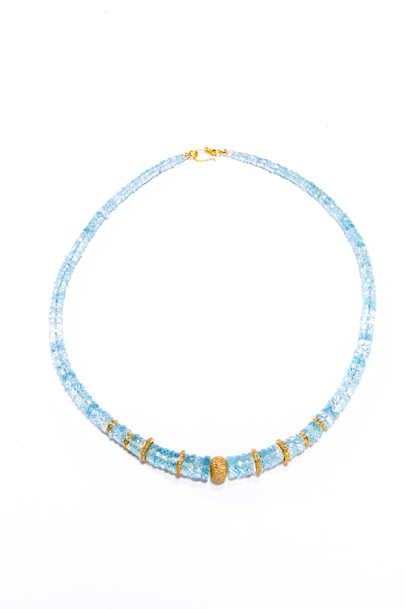 Santa Maria Aquamarine Heishi Bead W/ 14K Gold & Diamond Bead Necklace (18") #9567-Necklaces-Gretchen Ventura