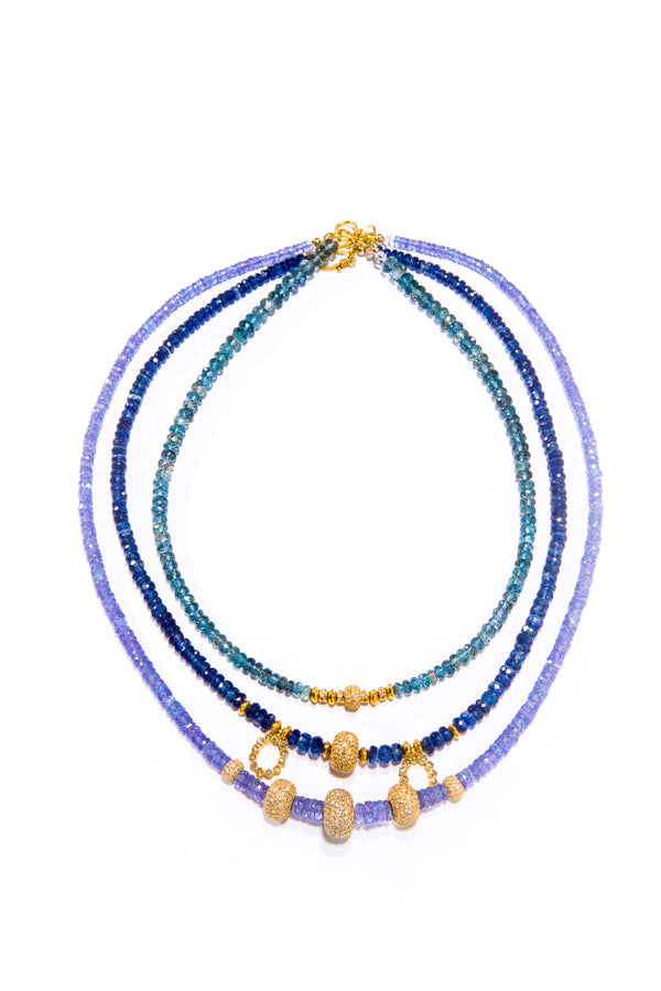 Faceted Tanzanite Heishi Beads W/ 14K Gold & Brilliant Diamond Wheels Necklace (18") #9569-Necklaces-Gretchen Ventura
