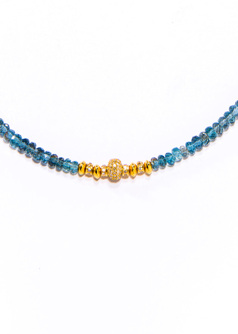 Faceted Blue London Topaz Wheels W/ 18K Gold Beads & Champagne Diamond Drop (18") #9570-Necklaces-Gretchen Ventura