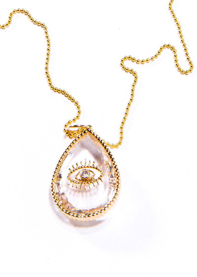 14K Gold Brilliant Diamond (.1C) & Faceted Quartz Crystal Evil Eye Pendant Medium (1.25") #7290-Neck Pendant-Gretchen Ventura