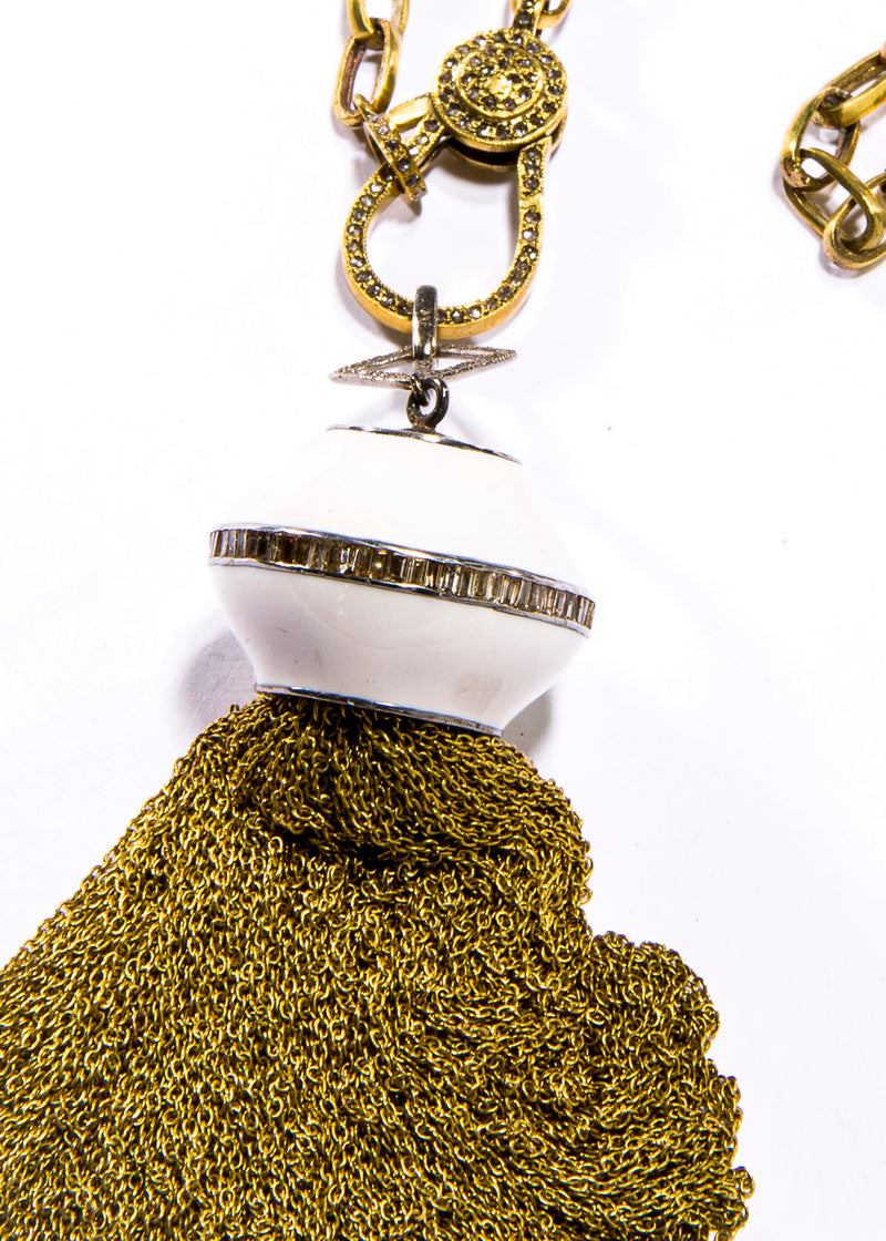 White Enamel & Baguette Diamond on Sterling W/ Brass Chain Tassel on Brass Paperclip Chain Necklace #9552-Necklaces-Gretchen Ventura
