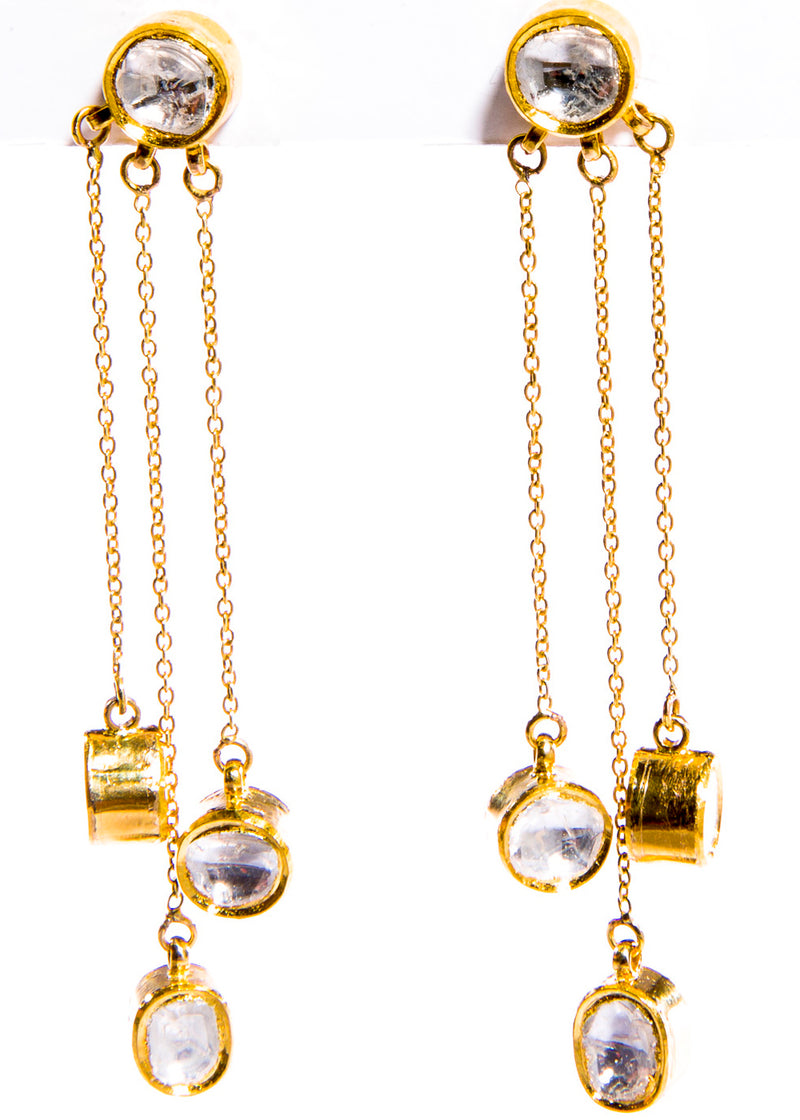 Rose Cut Diamond (2.4C) and 24K Gold Front 22K Gold Back(6.254g) Triple Drop Earrings #3539-Earrings-Gretchen Ventura