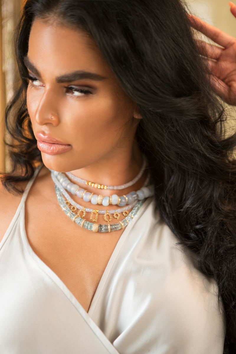 Santa Maria Aquamarine Heishi Bead W/ 14K Gold & Diamond Bead Necklace (18") #9567-Necklaces-Gretchen Ventura