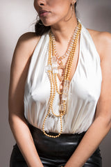 20K Gold over Wax & Solid 18K Gold Beads w/ Hand Carved Quartz Crystals & 20K Gold Discs & Clasp (44") #9508-Necklaces-Gretchen Ventura