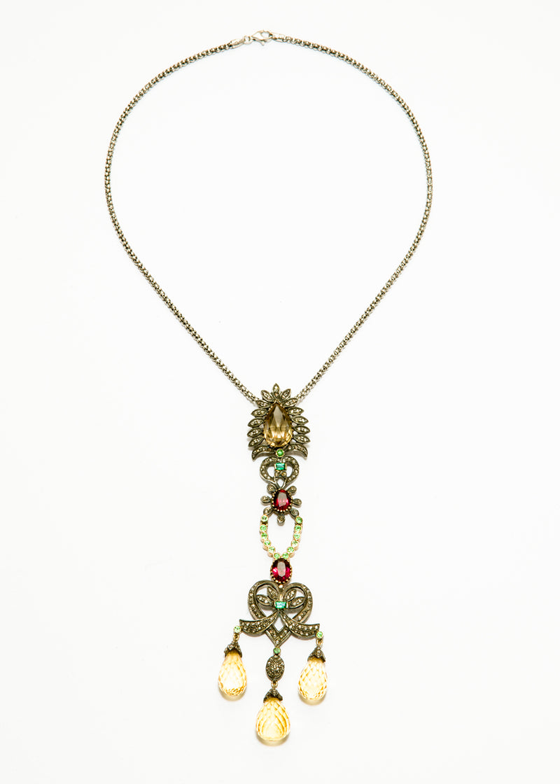 Diamond, Yellow Topaz, Tsavorite, Emerald (2 C Diamond) On Oxidized Sterling Chain #9360-Necklaces-Gretchen Ventura