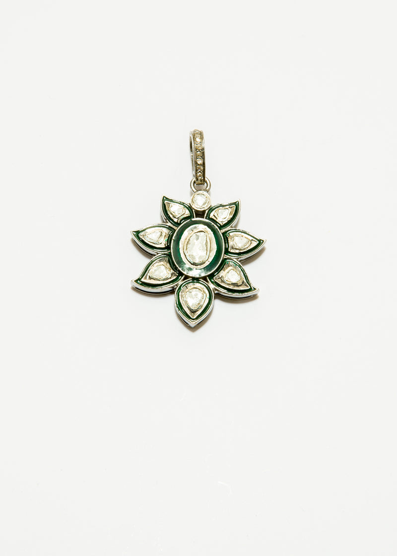 Rose Cut Diamond & Green or Black Enamel on Sterling Silver Pendant #7191-Neck Pendant-Gretchen Ventura