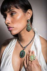 Emerald (25.7c) Pave Diamond (2.86c) in Sterling Silver Earrings #3513-Earrings-Gretchen Ventura