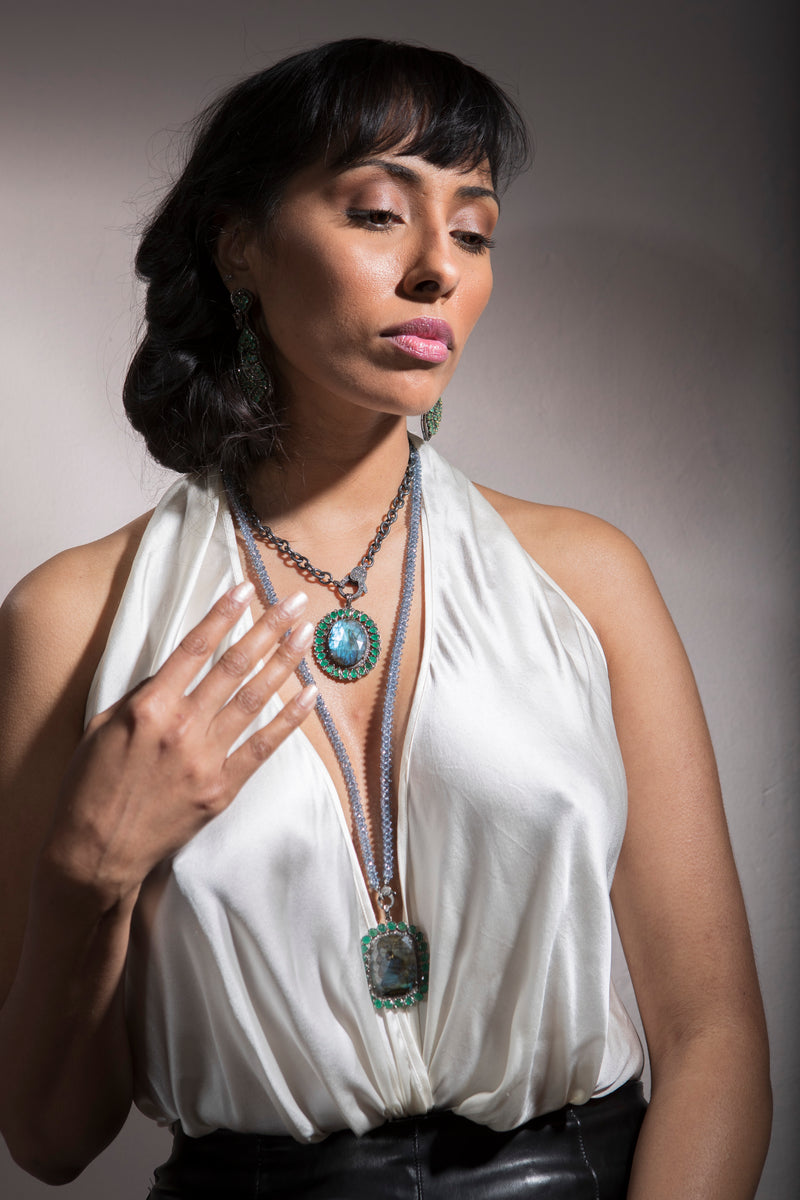 Emerald, Labradorite (55.4c), Diamond (.65c) Pendant in Sterling (16.22g)on Rhodium Plate Sterling (48.53g) Link Chain & Diamond (1.07c) Lobster Claw Clasp (18"+2.25") #9490-Necklaces-Gretchen Ventura