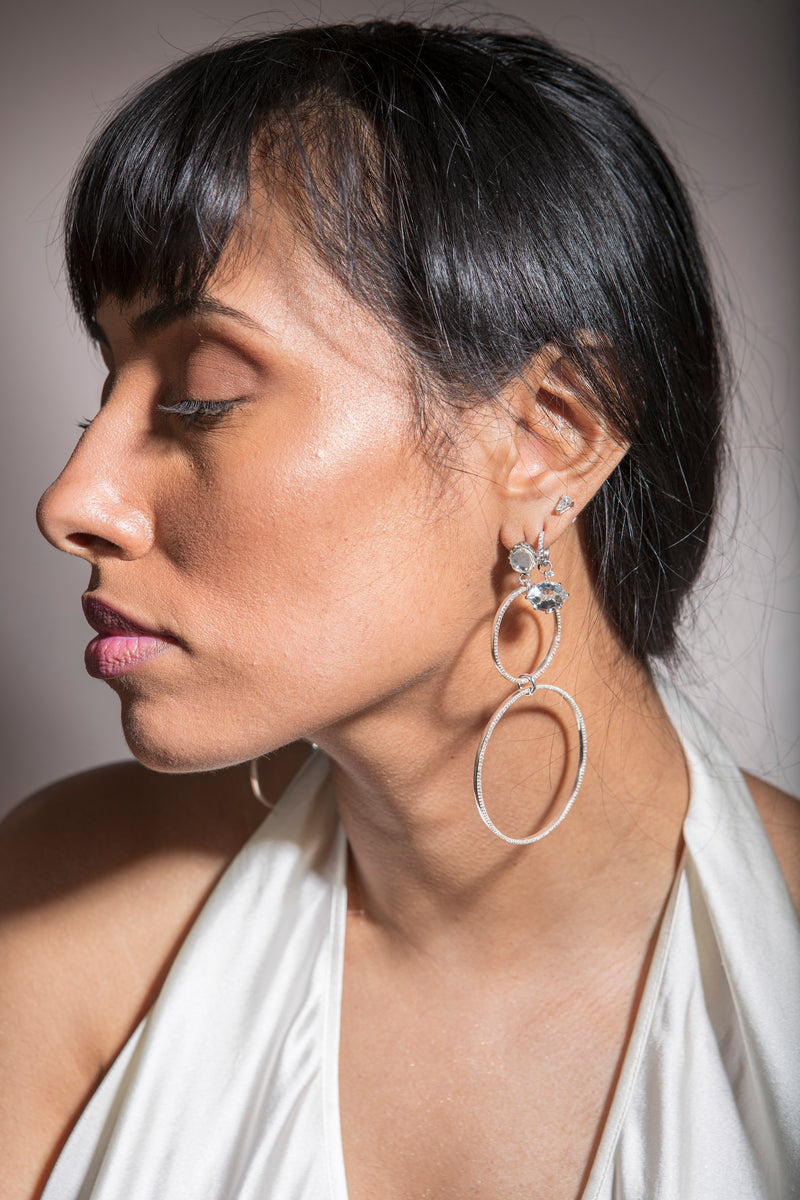 Sterling Silver & Diamond Double Hoop Drop Earrings (3.5") #3524-Earrings-Gretchen Ventura