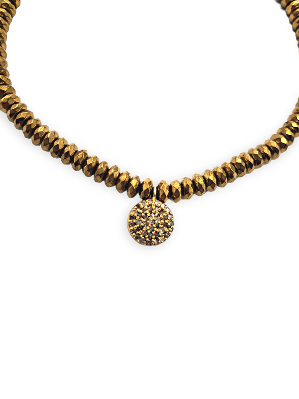 Faceted Hematite Heishi Bead W/ Gold Plate over Sterling Diamond Circle Charm Bracelet #4241-Bracelets-Gretchen Ventura