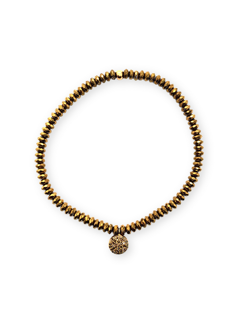 Faceted Hematite Heishi Bead W/ Gold Plate over Sterling Diamond Circle Charm Bracelet #4241-Men's-Gretchen Ventura