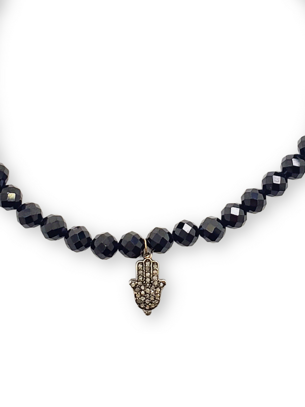 Small Faceted Black Spinel & SS Diamond Hamsa Charm Bracelet #4239-Bracelets-Gretchen Ventura
