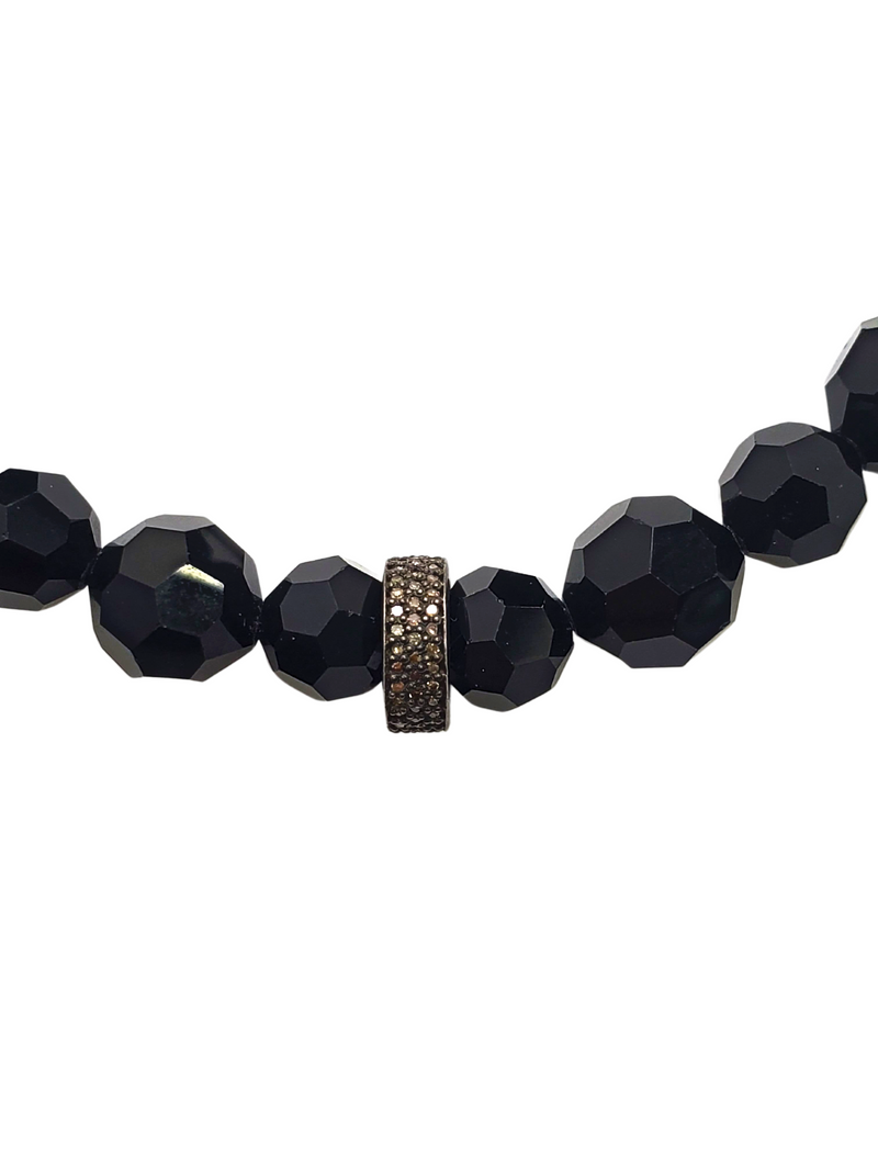 Large Faceted Black Spinel & Sterling Silver Diamond Wheel Bracelet #4238-Bracelets-Gretchen Ventura
