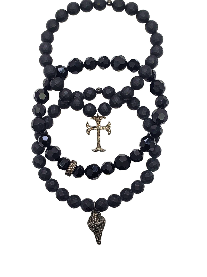 Large Faceted Onyx Bead W/ Sterling Silver Diamond Cross Charm Bracelet #4233-Bracelets-Gretchen Ventura