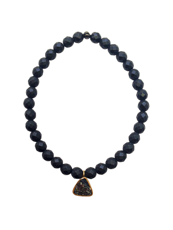 Medium Faceted Onyx Bead W/ GP Raw Black Diamond Charm Bracelet #4236-Bracelets-Gretchen Ventura