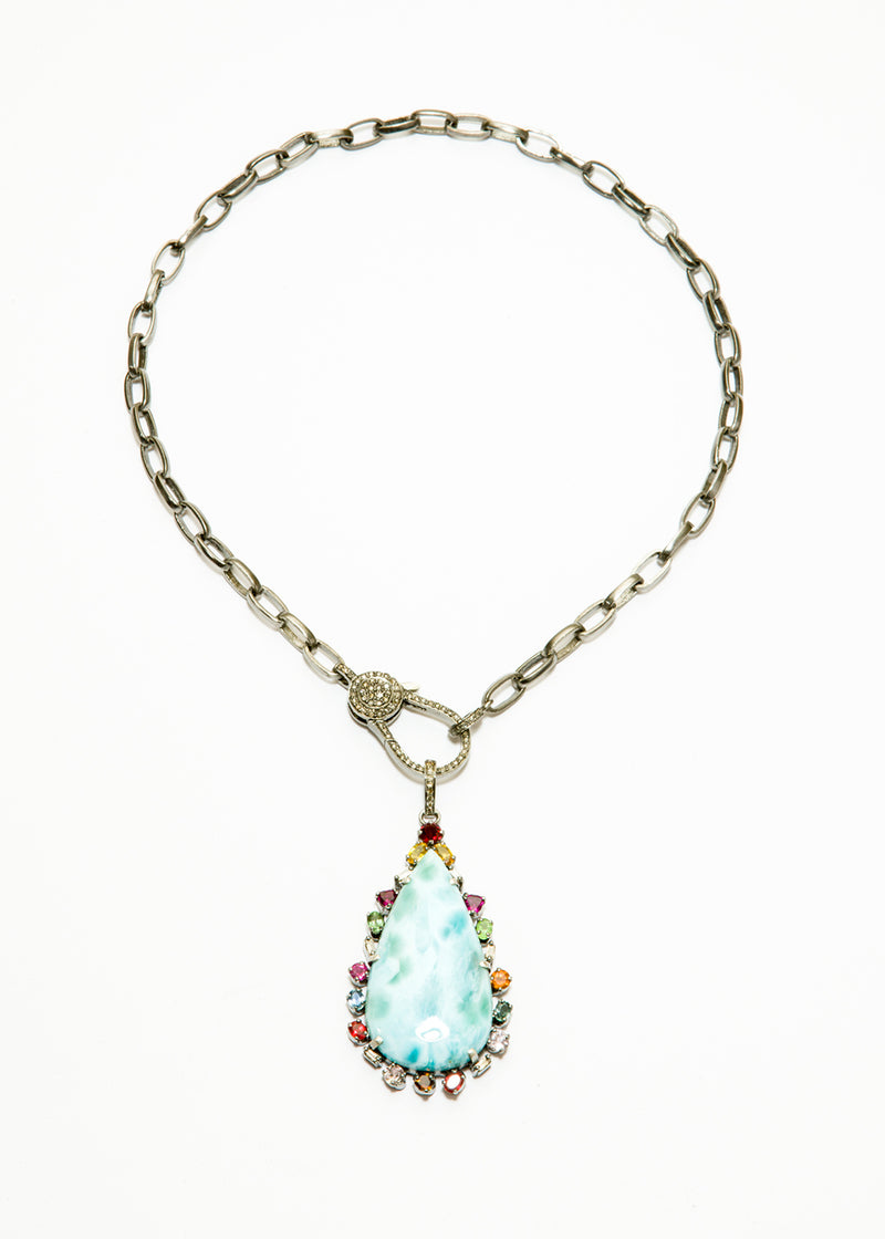 Larimer w/ Multicolor Sapphires on Blackened Sterling Chain w/ Diamond Clasp #9369-Necklaces-Gretchen Ventura