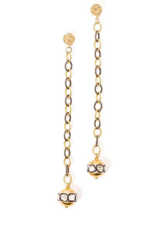 22K Gold & Rose Cut Bead w/ Gold Plate & Sterling Link Chain Earrings on Diamond Posts #3442-Earrings-Gretchen Ventura