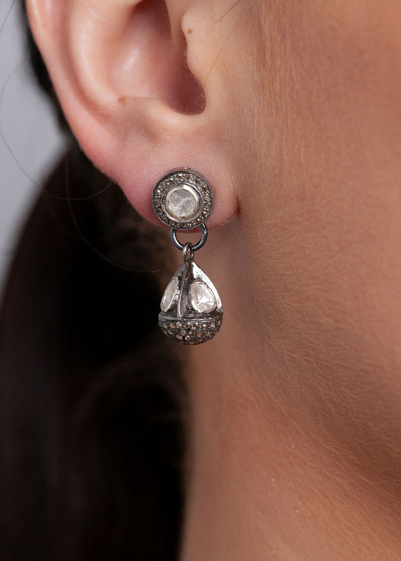 Rose cut and Pave Diamond Drop Earrings-Earrings-Gretchen Ventura