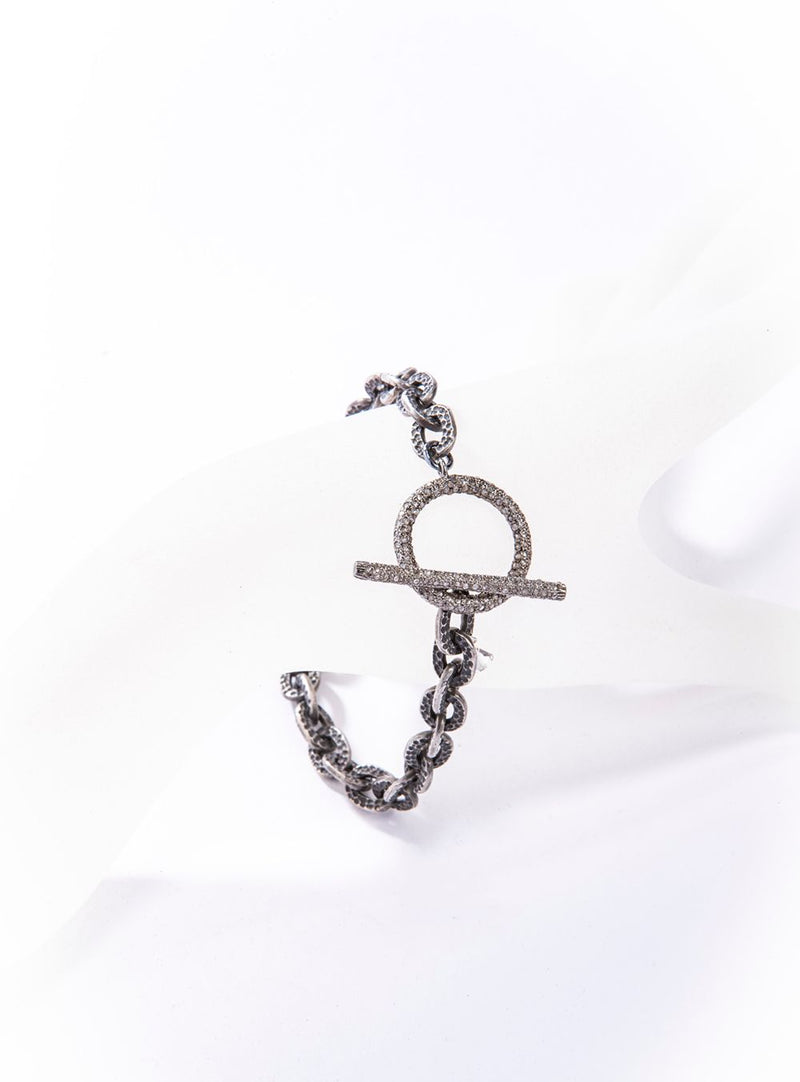 Rhodium Plated Sterling GV Chain w/ Pave Diamond Toggle Clasp Bracelet #2874-Bracelets-Gretchen Ventura