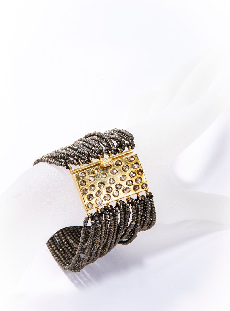 Sterling Silver Raw Diamond Slice Clasp Multi Strand Faceted Pyrite Bead Bracelet #2883-Bracelets-Gretchen Ventura