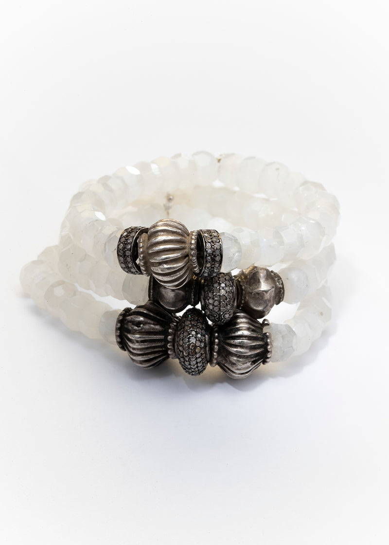 Faceted Moon Stone w/ Antique Sliver Indian Beads & Diamond Wheel-Bracelets-Gretchen Ventura