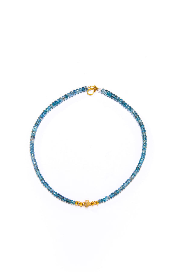 Faceted Blue London Topaz Wheels W/ 18K Gold Beads & Champagne Diamond Drop (18") #9570-Necklaces-Gretchen Ventura
