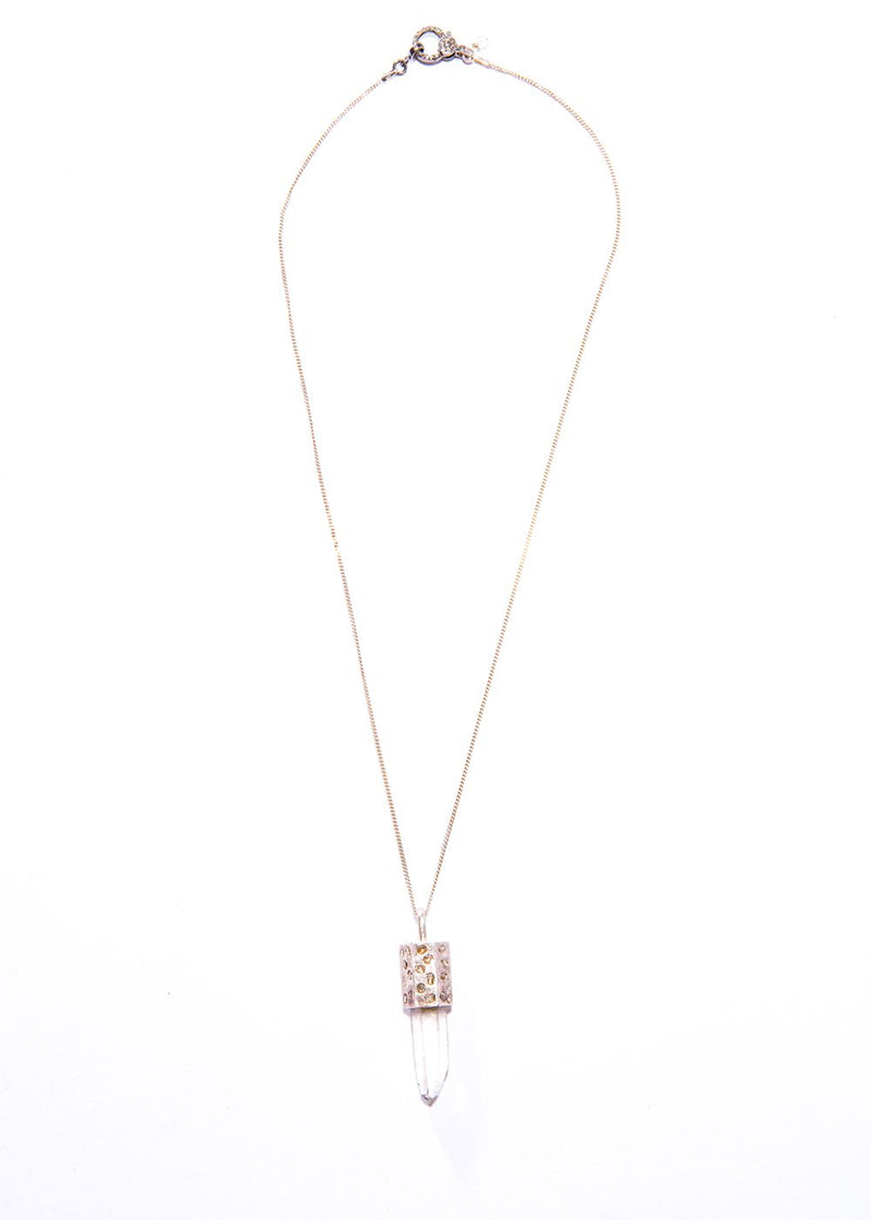 Raw Crystal Capped in Sterling Silver & Raw Diamonds w/ Sterling Silver Curb Chain #9420-Necklaces-Gretchen Ventura