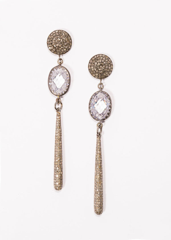 Matte Sterling & Faceted Quartz Crystals, Diamond Drops Earrings on Diamond Post #3448-Earrings-Gretchen Ventura