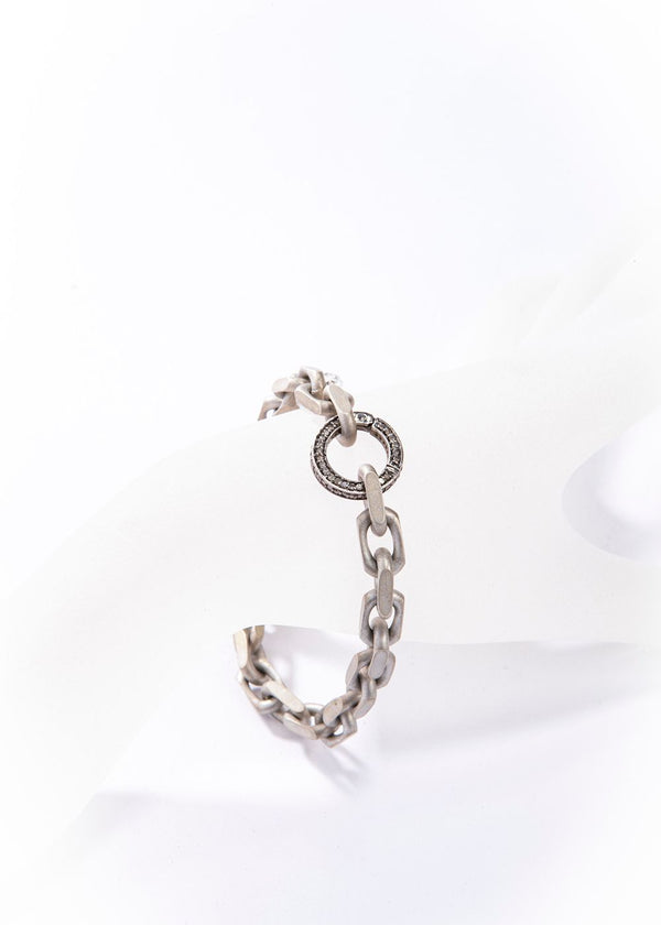 Matte Sterling Silver Link Chain Bracelet w/ Pave Diamond Round Clasp #2873-Bracelets-Gretchen Ventura