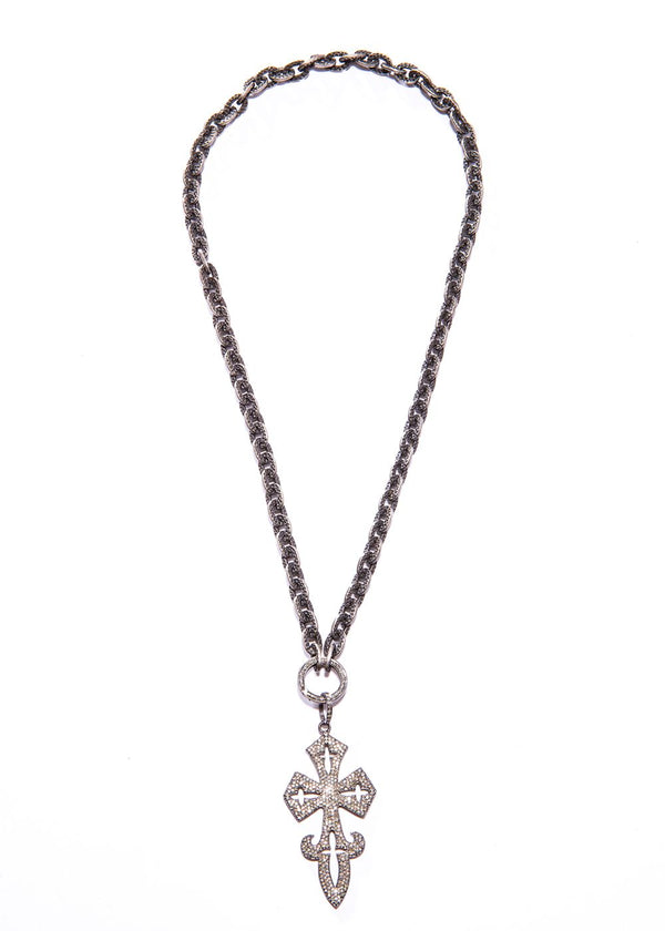 Pave Diamond Cross on oxidized Hand Hammered GV Chain W/ Lobster claw clasp #9409-Necklaces-Gretchen Ventura