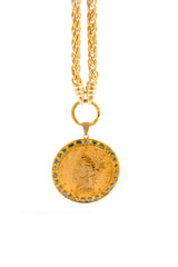 Blue Slice Diamond in Matte GP Over Sterling Lady Liberty Medallion on GP over Sterling Wheat Chain W/ Diamond Clasp (18"+2.25") #9496-Necklaces-Gretchen Ventura
